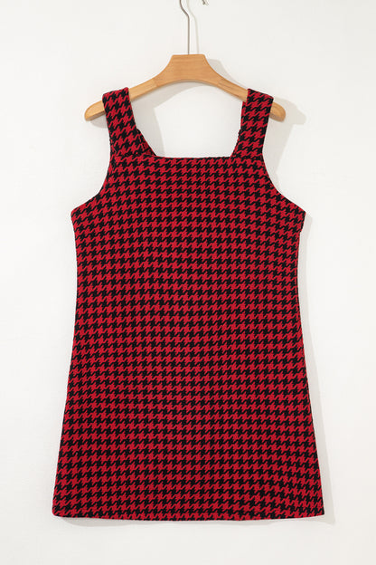 Red Houndstooth Print V Neck Sleeveless Mini Dress