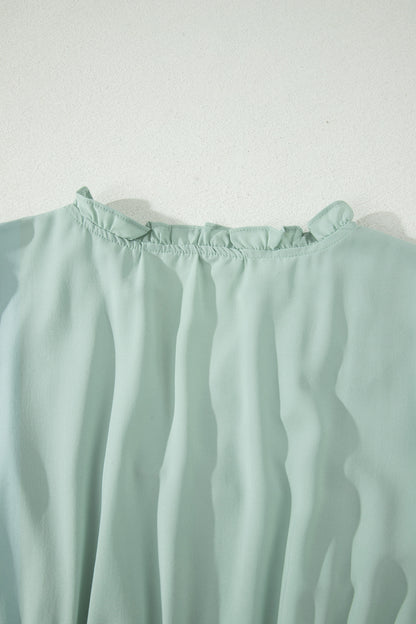 Clearly Aqua Solid Color V Neck Short Puff Sleeve High Waist Tiered Maxi Dress