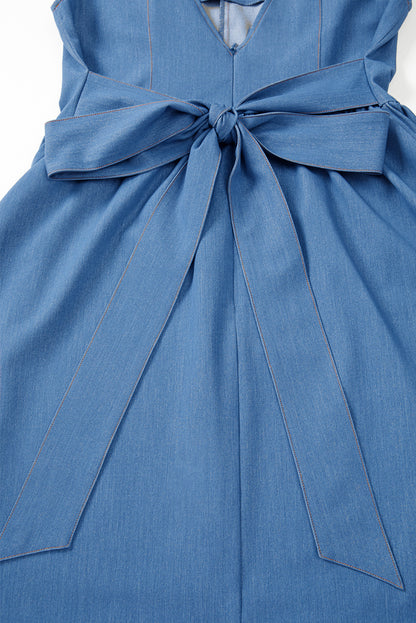 Myosotis Square Neck Pleated Waist V Cut Backless Tied Fit and Flare Dress