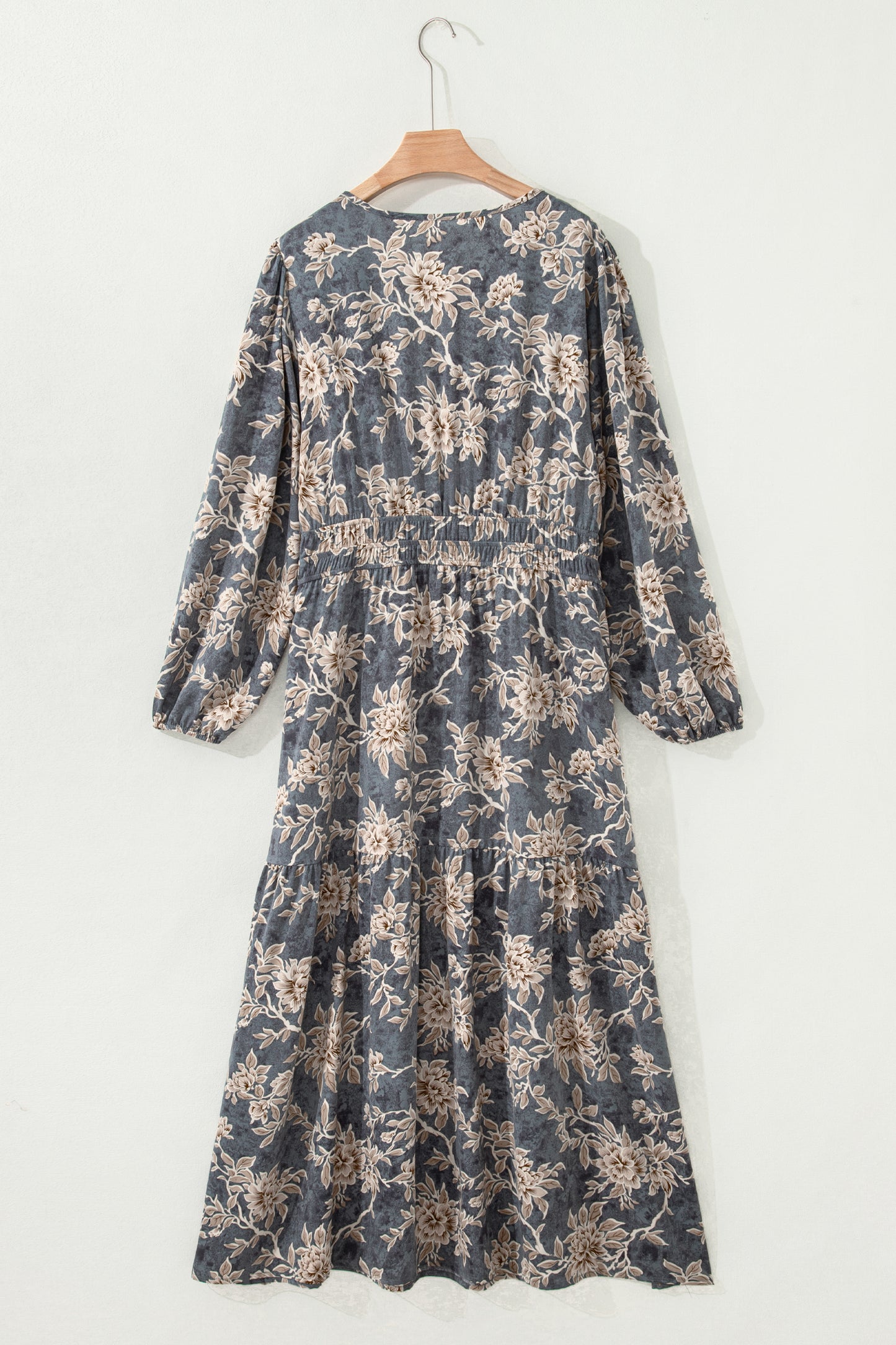 Sky Blue Plus Size Floral Print Split Neck Shirred High Waist Long Sleeve Maxi Dress