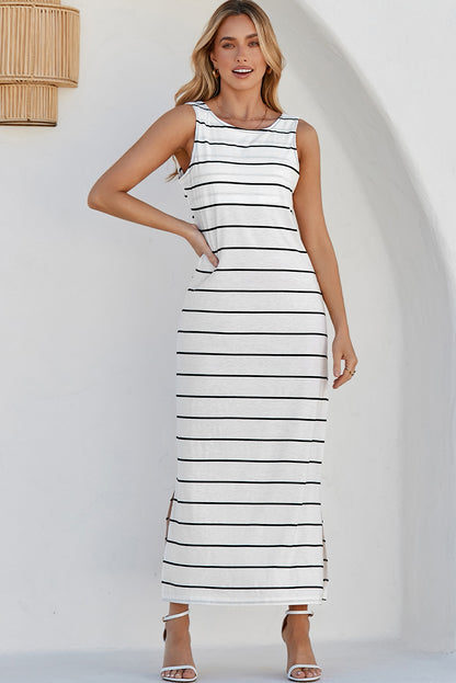White Stripe Print Open Back Sleeveless 