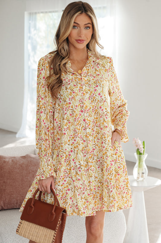 Yellow Floral Print Frilly Trim Smocked Cuff Long Sleeve Loose Shirt Dress