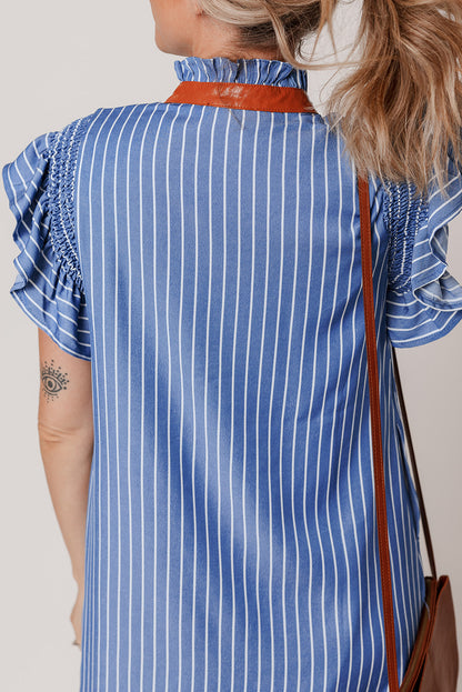 Sky Blue Stripe Frilly Split Neck Shirred Ruffle Sleeve Short Shift Dress