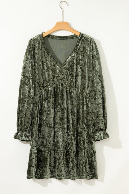 Coffee Plus Size Velvet Babydoll Mini Dress with Puff Sleeve