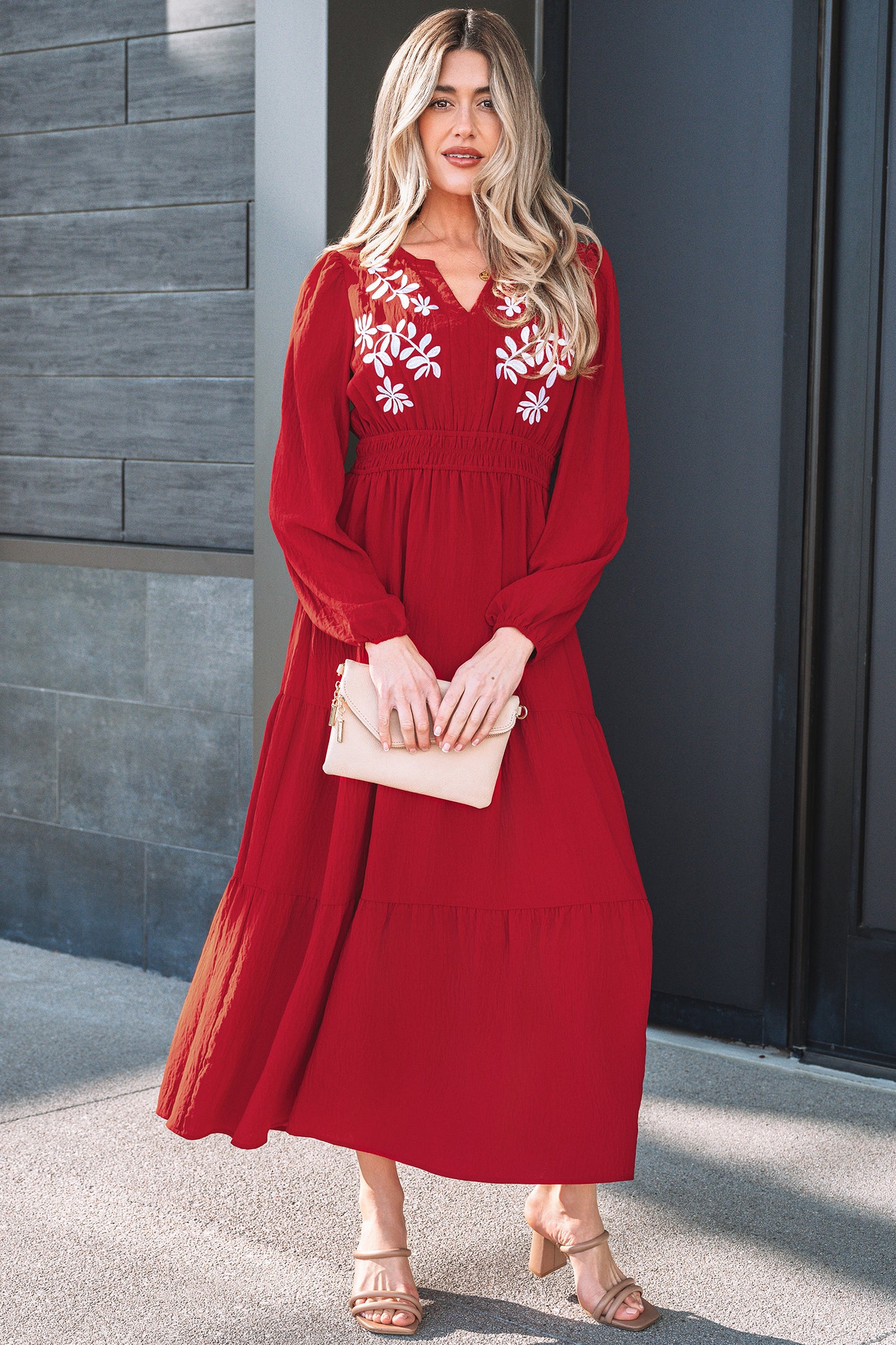 Racing Red Contrast Embroidered Detail Cinched Waist Tiered Long Sleeve Maxi Dress