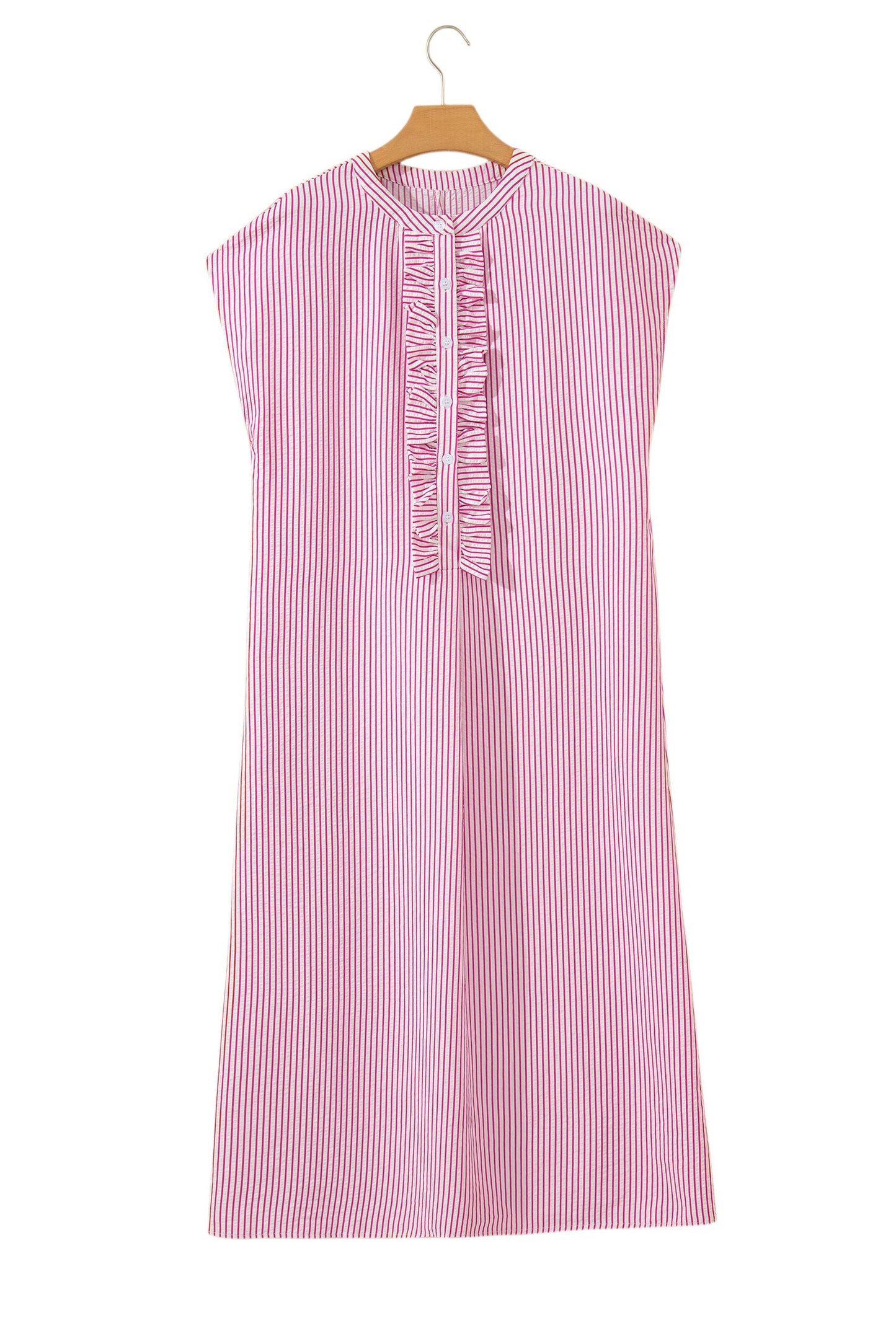 Black Stripe Frilled Detail Half Buttons Short Sleeve Long Dress