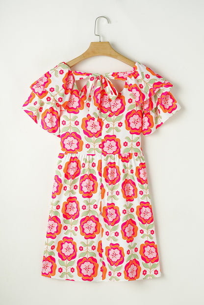 Rose Floral Print Square Neck Lace up Back Ruffled Sleeve Dress