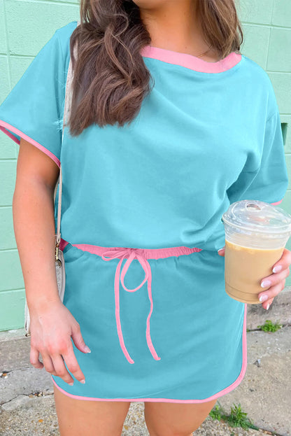 Evergreen Plus Size Contrast Trim T Shirt and Skirt Two Piece Set