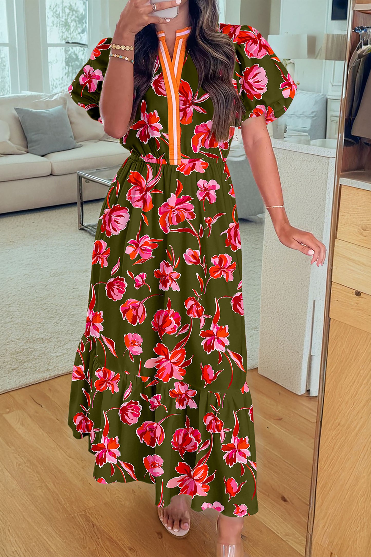 Green Floral Print Striped Trim Split Neck Short Puff Sleeve Ruffle Hem Maxi Dress