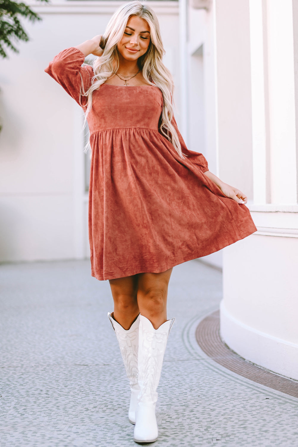 Brown Suede Square Neck Puff Sleeve
