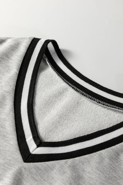 Light Grey Striped Trim V Neck Long Sleeve Preppy T Shirt Dress