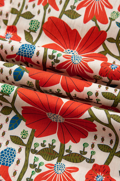 Red Floral Print Ricrac Trim V Neck 3/4 Sleeve Loose Mini Dress