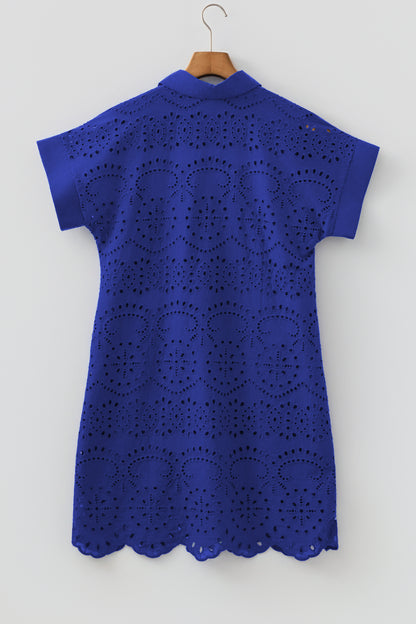 White Solid Color Eyelet Embroidered T Shirt Mini Dress
