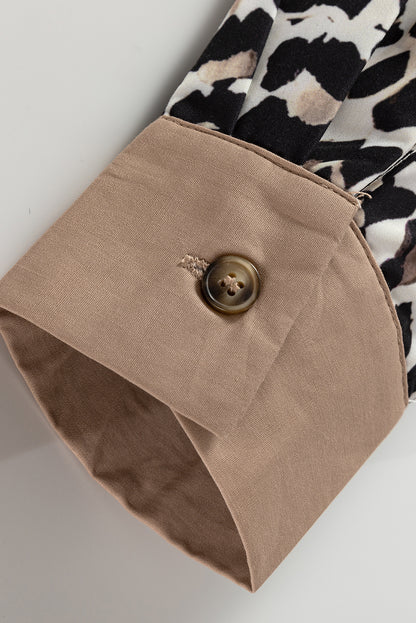 Multicolour Button Striped Collar Leopard Print Long Sleeve Flared Dress