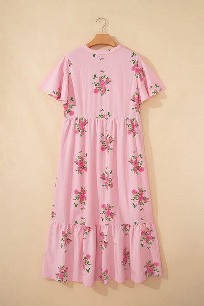 Sky Blue Notched Neck Flutter Short Sleeve Floral Print Maxi Dress