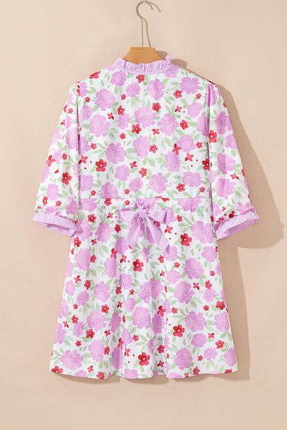 Pink Floral Print Striped Trim Frilled Neck 3/4 Sleeve Flared Mini Dress