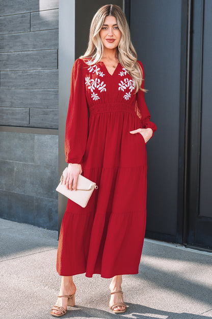 Racing Red Contrast Embroidered Detail Cinched Waist Tiered Long Sleeve Maxi Dress
