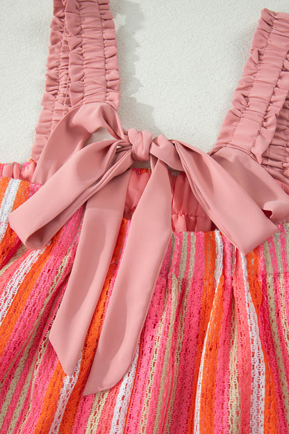 Pink Stripe Ruffled Straps Ribbon Knot Flowy Vacation Maxi Dress