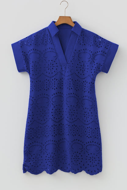 White Solid Color Eyelet Embroidered T Shirt Mini Dress