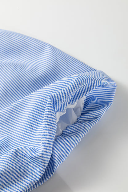 Sky Blue Stripe Shirred Detail Collar V Neck Plus Size Midi Dress