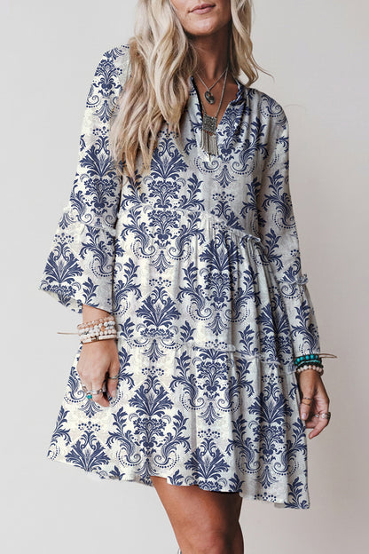Sky Blue Boho Floral Print Lettuce Trim 3/4 Sleeve Mini Dress