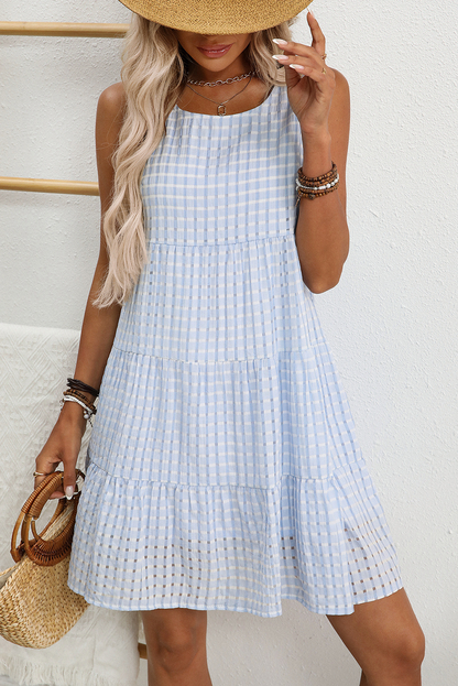 Light Blue Plaid Tiered A-line Sleeveless Mini Sundress