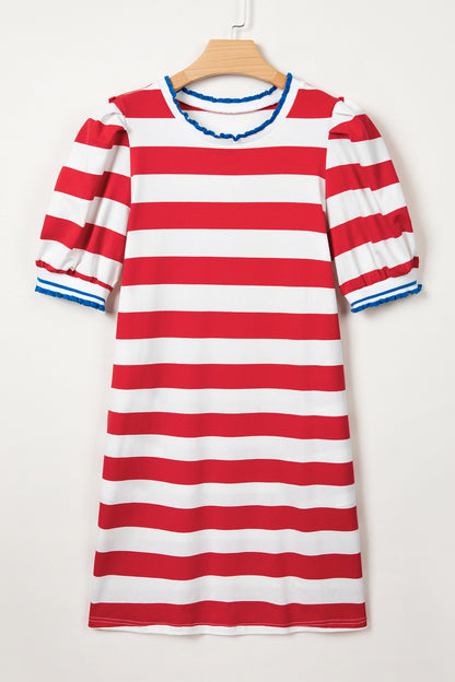 Blue Stripe Contrast Trim Round Neck Short Puff Sleeve Shift Mini Dress