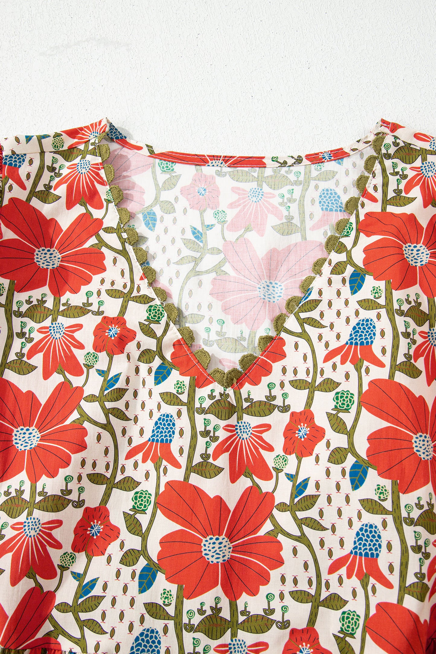 Red Floral Print Ricrac Trim V Neck 3/4 Sleeve Loose Mini Dress