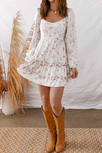 Pink Floral Print Long Sleeve Ruffle Detail Flared Mini Dress