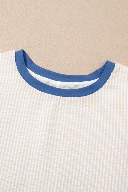 Beige Stripe Seersucker Contrast Round Neck Puff Sleeve T Shirt Dress