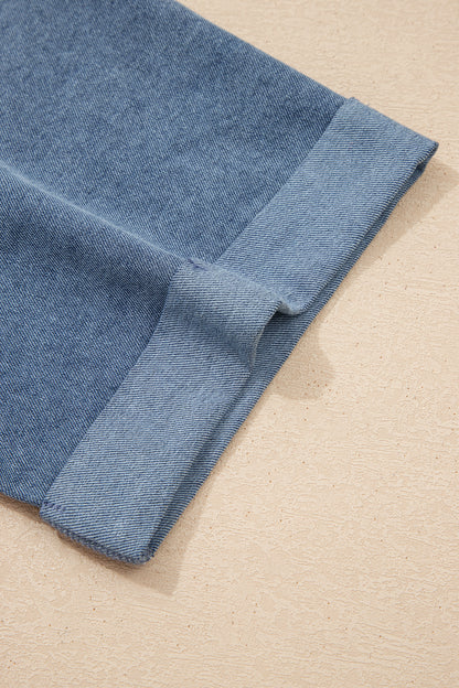 Light Grey Denim Color Block Patchwork Button Polo Collar T Shirt Tunic Dress