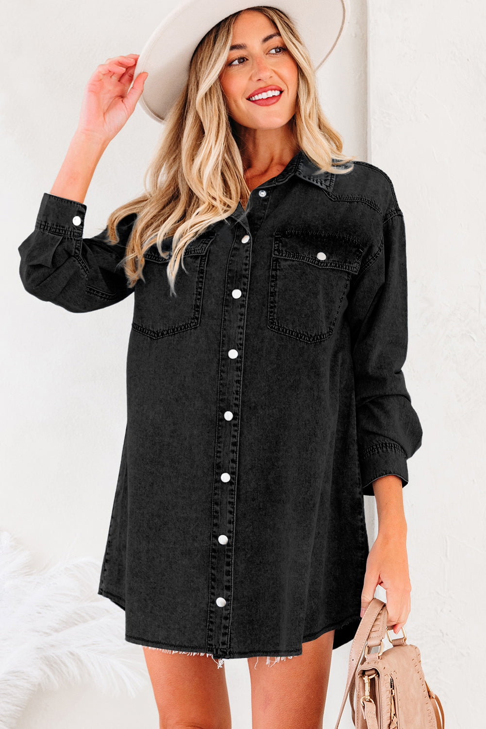 Beau Blue Chest Pocket Raw Hem Denim Loose Shirt Dress