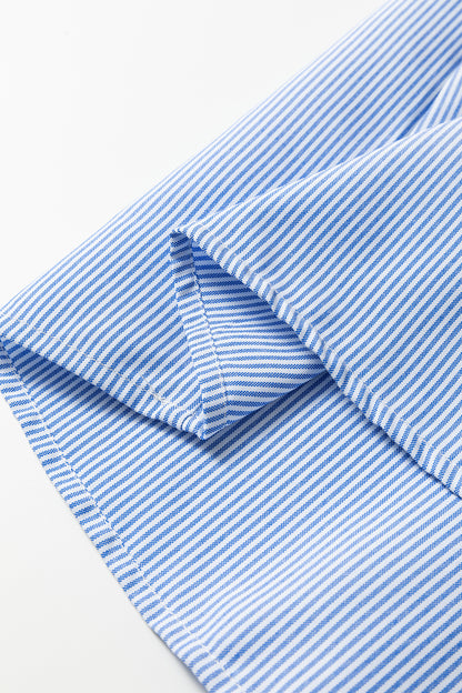 Sky Blue Stripe Shirred Detail Collar V Neck Plus Size Midi Dress