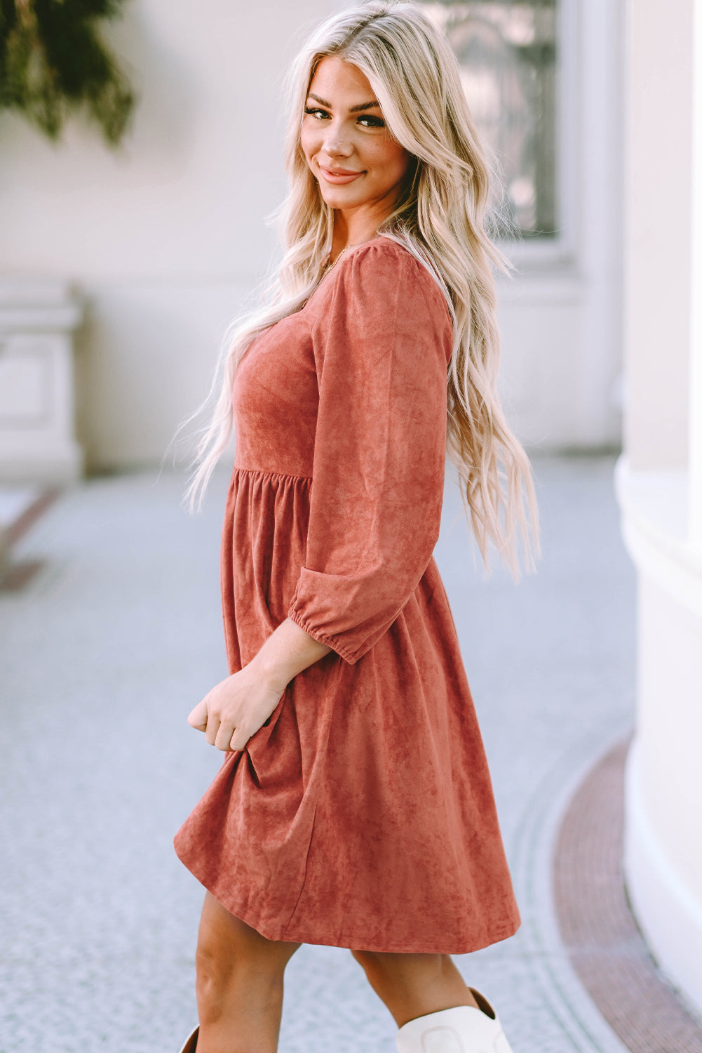 Brown Suede Square Neck Puff Sleeve