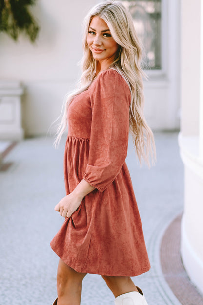Brown Suede Square Neck Puff Sleeve