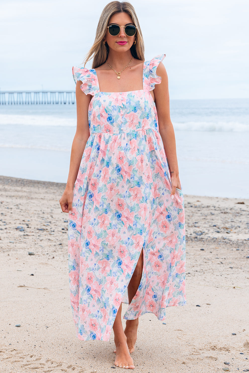 Pink Floral Print Square Neck Backless Long Dress with Slit