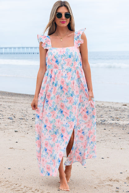 Pink Floral Print Square Neck Backless Long Dress with Slit