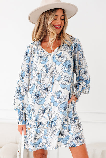 Sky Blue Floral Print Tie Neck Long Sleeve Flowy Mini Dress