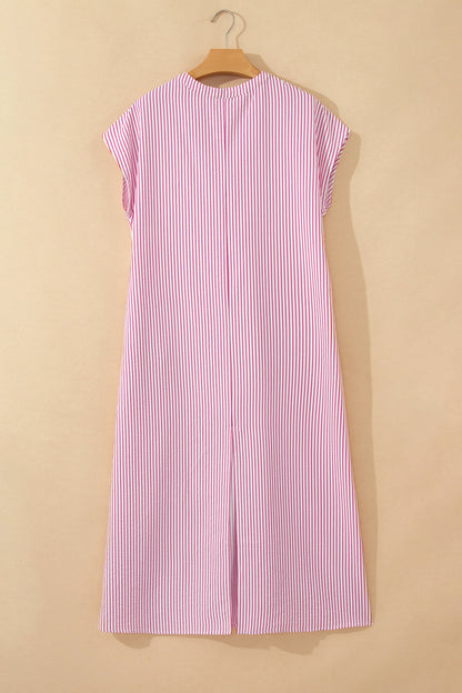 Black Stripe Frilled Detail Half Buttons Short Sleeve Long Dress