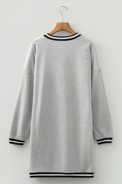 Light Grey Striped Trim V Neck Long Sleeve Preppy T Shirt Dress