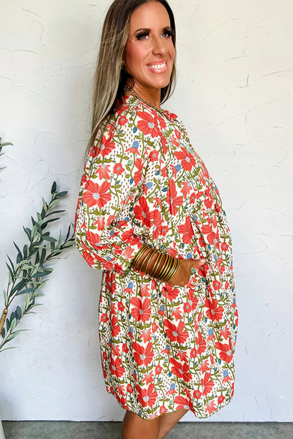 Red Floral Print Ricrac Trim V Neck 3/4 Sleeve Loose Mini Dress