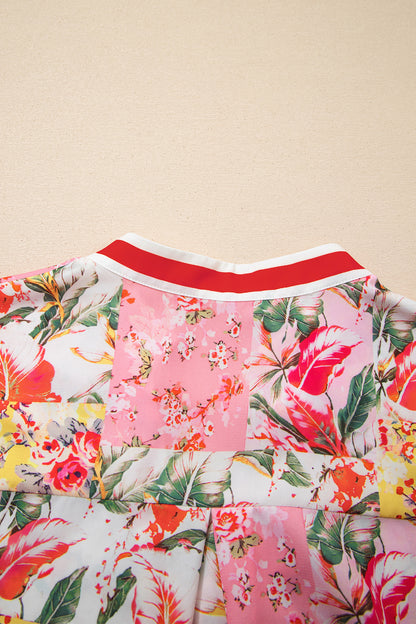 Pink Color Block Floral Print Contrast Trim V Neck Ruffle Hem Mini Dress