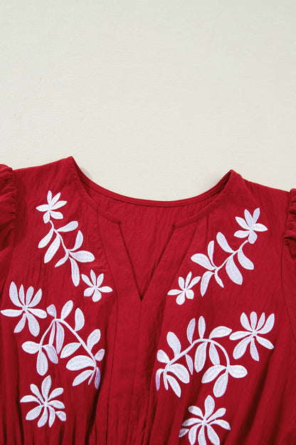 Racing Red Contrast Embroidered Detail Cinched Waist Tiered Long Sleeve Maxi Dress