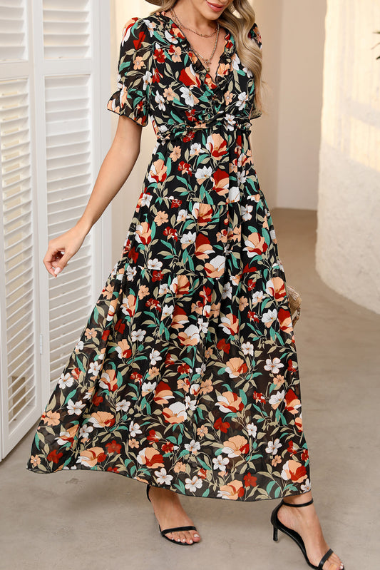 Black Fiery Floral Print Frilled V Neck Short Sleeve Maxi Dress