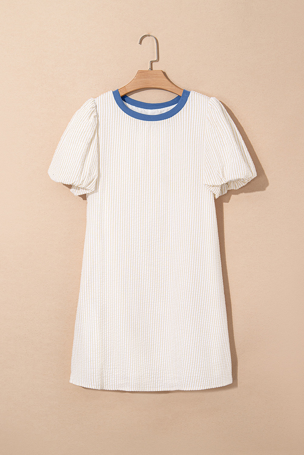 Beige Stripe Seersucker Contrast Round Neck Puff Sleeve T Shirt Dress