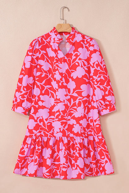 Red Floral Three Quarter Sleeves Ruffle Hem Mini Dress
