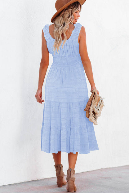 Black Shirred Pleated Square Neck Sleeveless Midi Dress