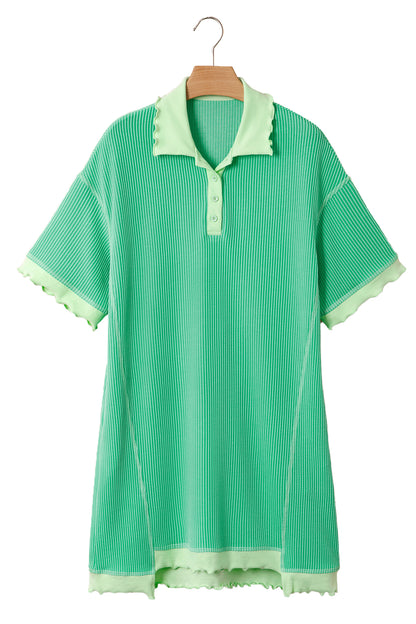 Mint Green Oversize Twist Ribbed Polo T Shirt Dress
