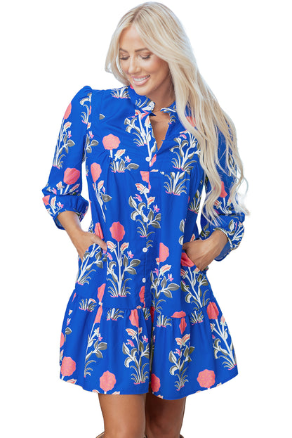 Blue Floral Print Button Detail 3/4 Puff Sleeve Ruffle Hem Dress