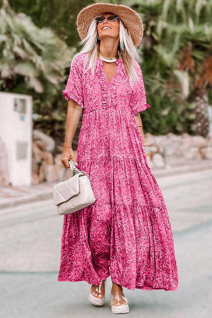 Pink Paisley Print Boho Holiday Ruffle Tiered